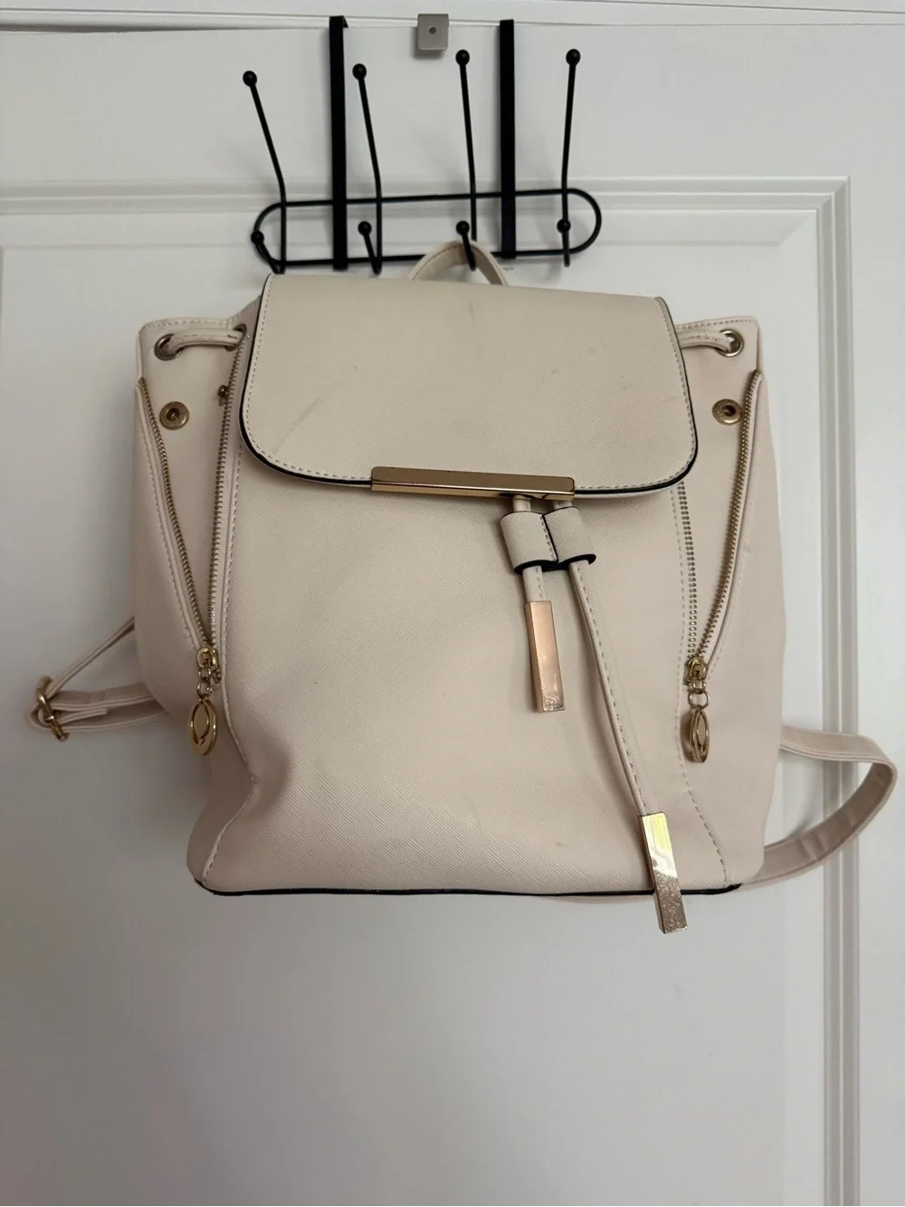 Cream Leatherette Drawstring Backpack with Gold Hardware